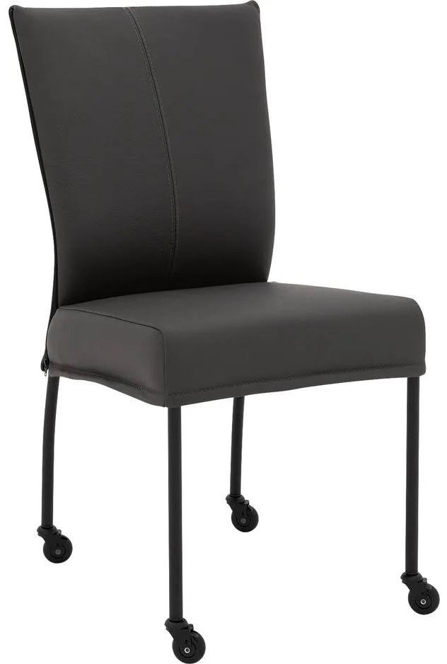 Goossens Eetkamerstoel Funk Zwarte Poten donkergrijs leer leuning en Zwart skater wiel met zwarte kapmet wielen, modern design