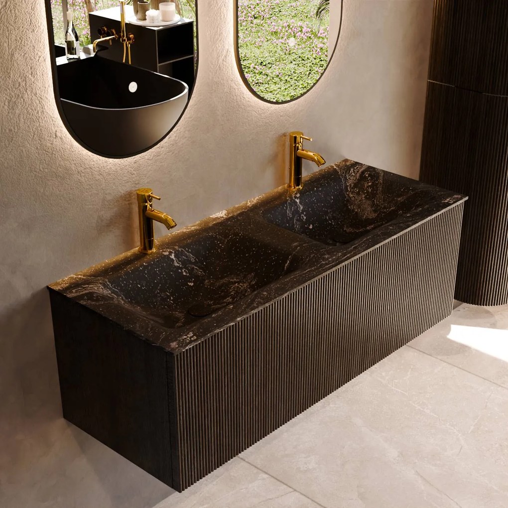 Mondiaz Kurve-dlux 120cm badmeubel shadow met 1 lade en wastafel leaf dubbel 2 kraangaten lava