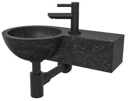 Wiesbaden B waskom rond 40x23x10cm met kraangat rechts hardsteen zwart incl Amador fonteinkraan zwart mat SW106364 - 22.2701 - SW21108 - SW696215 - SW696205