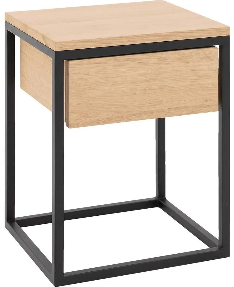 Goossens Nachtkastje Ord, Metaal ral 9005 zwart, met lade en bovenblad massief eik, 40 x 35 x 57 cm hoog