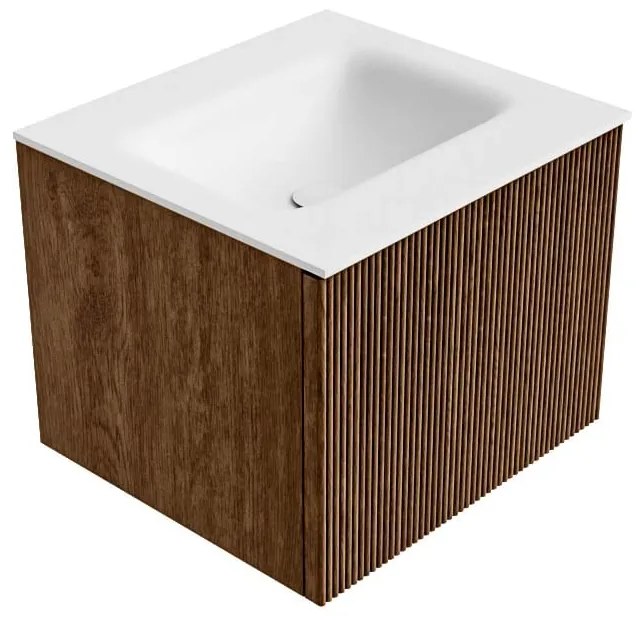 Mondiaz Kurve 50cm badmeubel walnut met 1 lade en wastafel grunne midden zonder kraangat