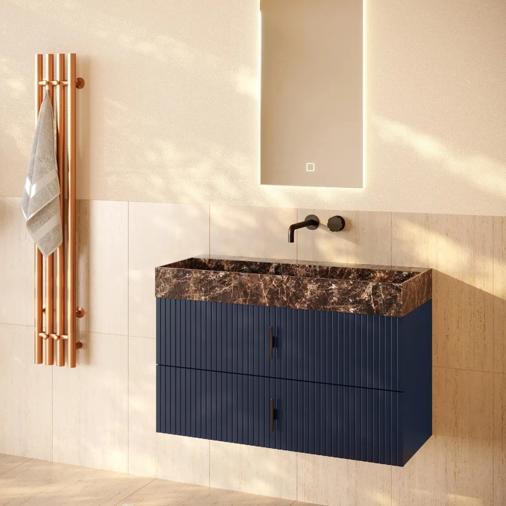 Muebles Murcia badmeubel ribbelfront 100cm marine blauw met Dark Emperador wastafel zonder kraangat
