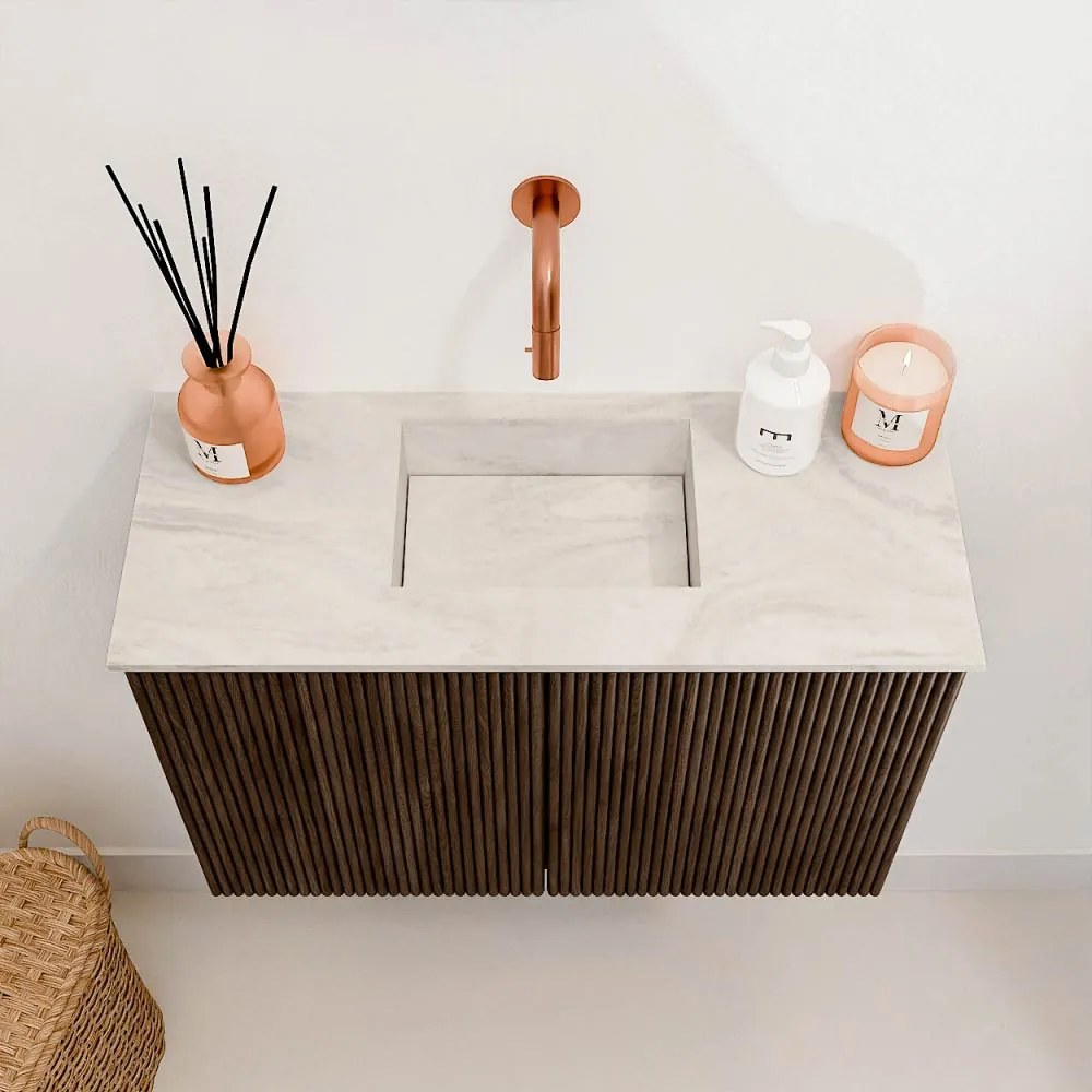 Mondiaz Joya DLux 60cm toiletmeubel walnut met wastafel faye midden zonder kraangat ostra