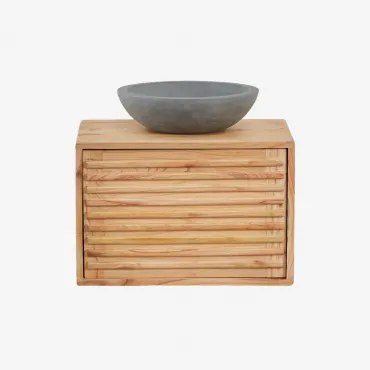 Deleyna Zwevend Houten Badkamermeubelset Natuurlijk Hout & Rond Grijs Cement Ø40 Cm Tarsis & Spiegelloze & Zonder Kraan - Sklum