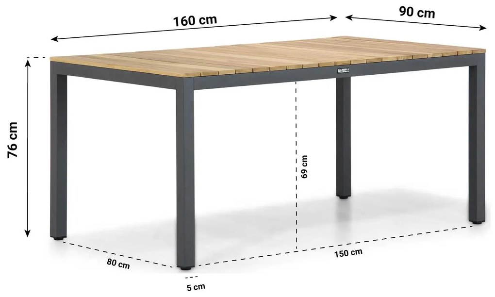 Dining Tuintafel rechthoekig 160x90 cm Aluminium/teak Naturel teak Mazzarino