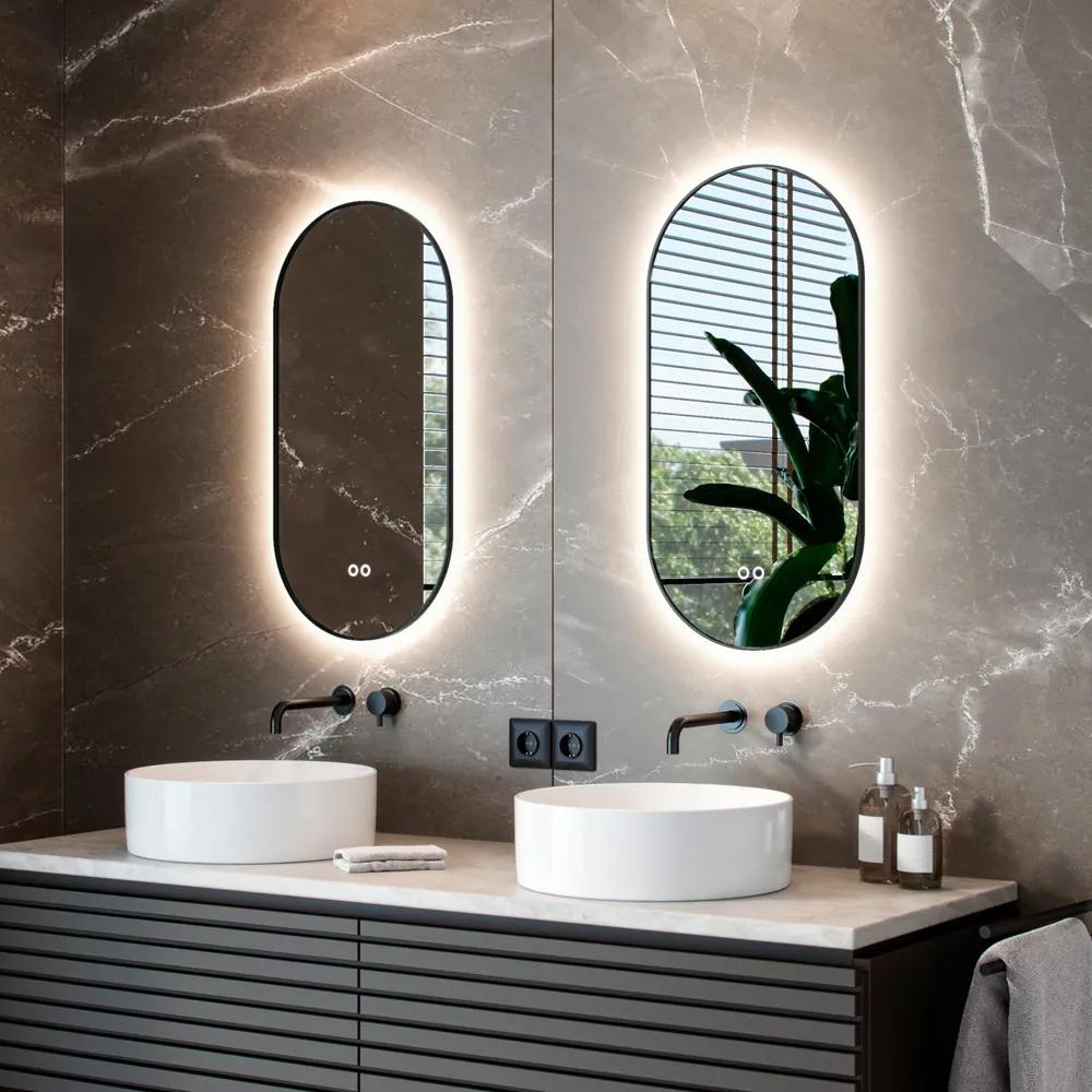 Hipp Design 13900 BL ovaal rechte spiegel 45x90cm met LED en spiegelverwarming zwart mat