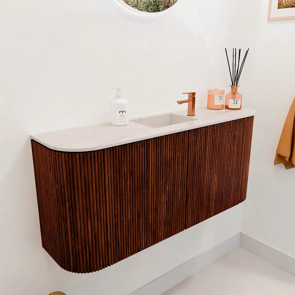 Mondiaz Joya DLux 95cm toiletmeubel ronding links/rechts ruby met wastafel faye midden 1 kraangat meli