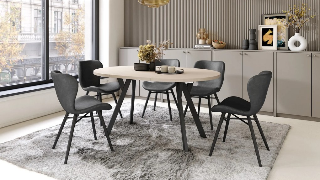 ALMO 100 Beige/Zwarte poten - RONDE LOFT/INDUSTRIËLE TAFEL VOOR WOONKAMER/EETKAMER, UITSCHUIFBAAR