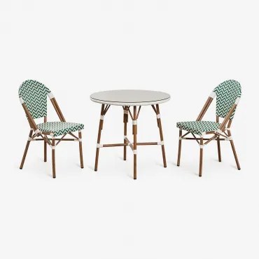 Brielle Bistro Ronde Tafelset, Ø80 Cm, En Twee Stapelbare Tuinstoelen Van Aluminium En Synthetisch Rotan. Groen – Kool - Gardenia Wit - Sklum