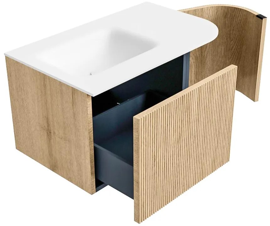 Mondiaz Kurve 75cm badmeubel ronding rechts oak met 1 lade en deur en wastafel grunne kraangat links