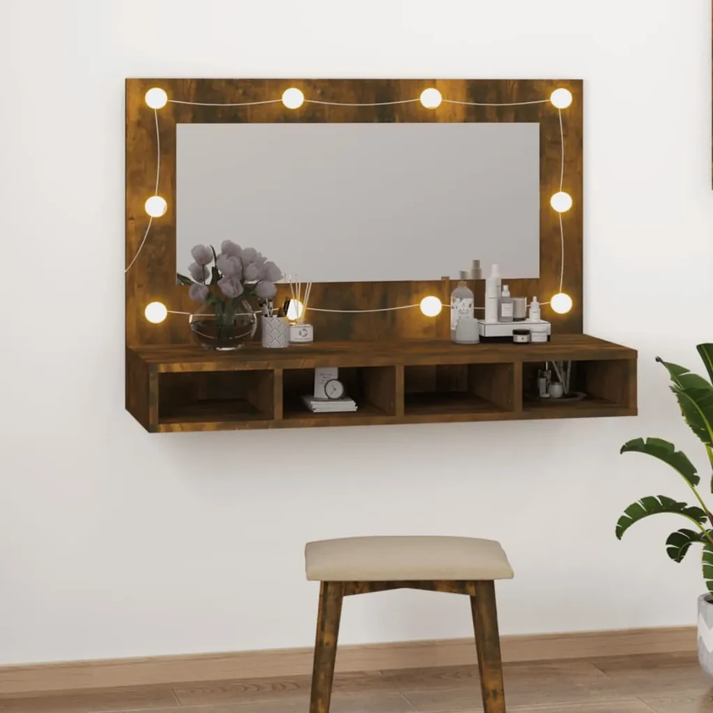 vidaXL Spiegelkast met LED-verlichting 90x31,5x62 cm gerookt eiken