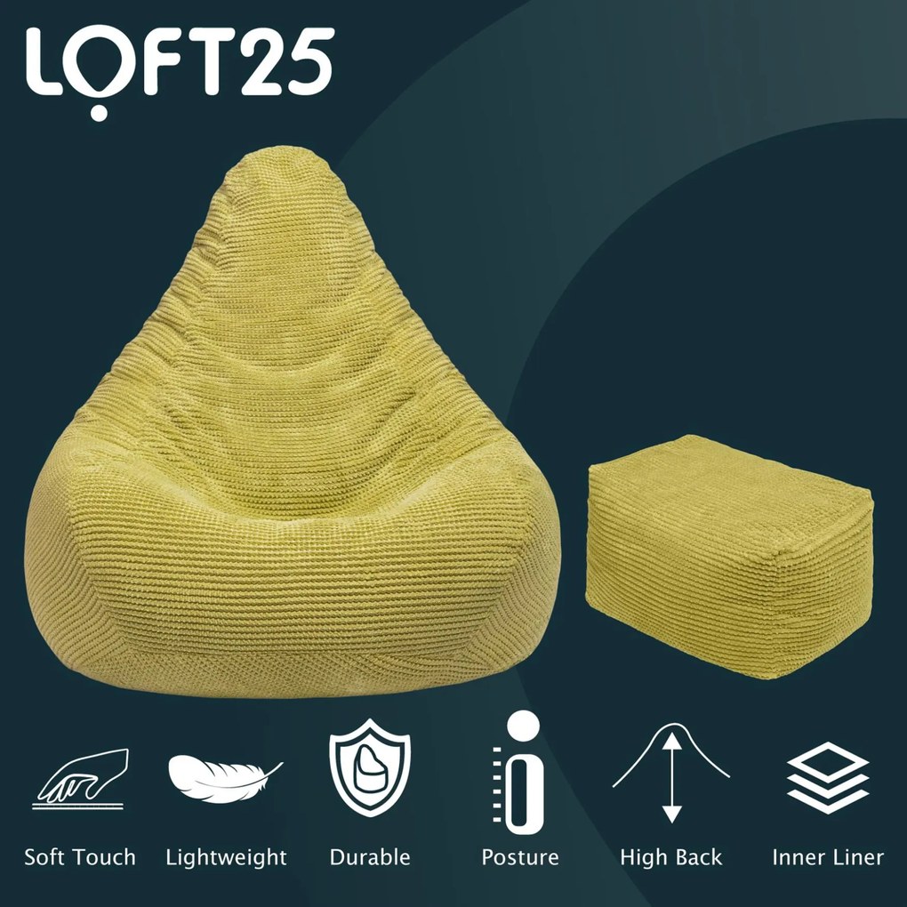 Highback Zitzak Stoel incl. Poef Corduroy Stof - Lime