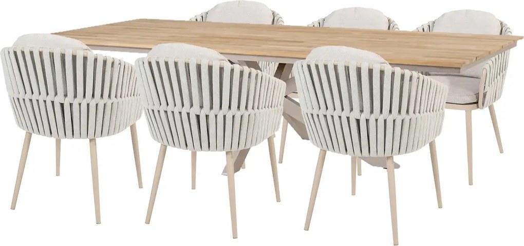 Taste by 4 Seasons Eva tuinset latte met Minerva tafel met teakhouten blad 220 cm SALE Tuinset   beige weerbestendig
