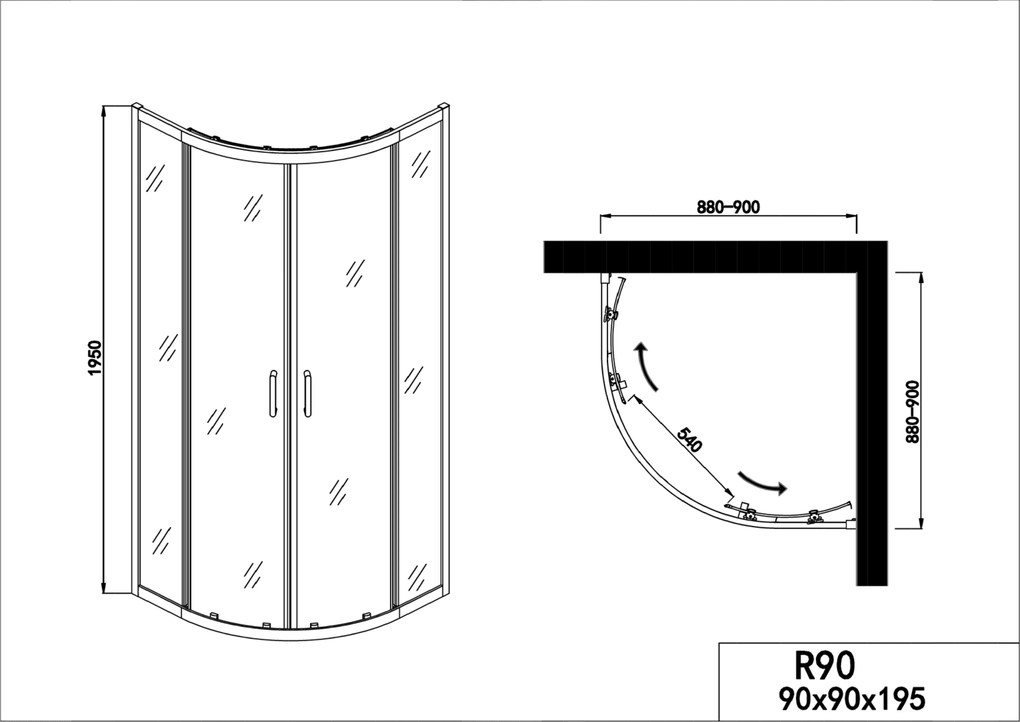 Badstuber Elite zwarte douchecabine kwartrond 90x90cm