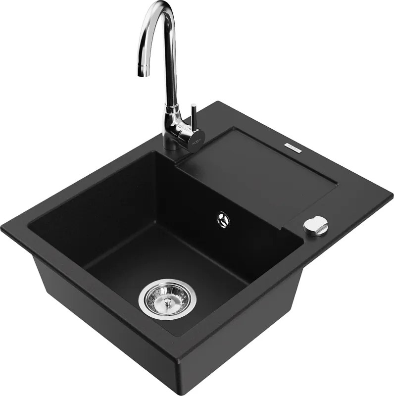 Mexen Enzo granieten gootsteen 1-komorige met afdruiprek en keukenkraan Telma, zwart - 6506-77-670200-00