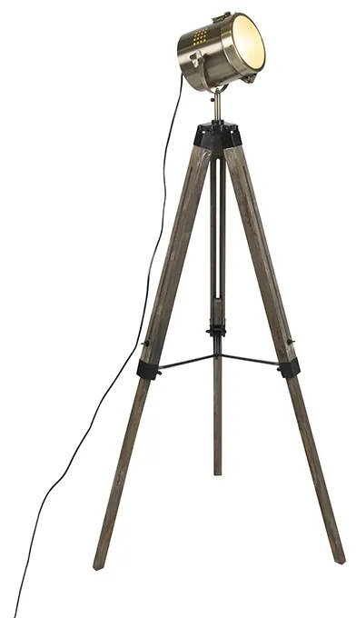 Industriële vloerlamp tripod hout met studiospot - Braha