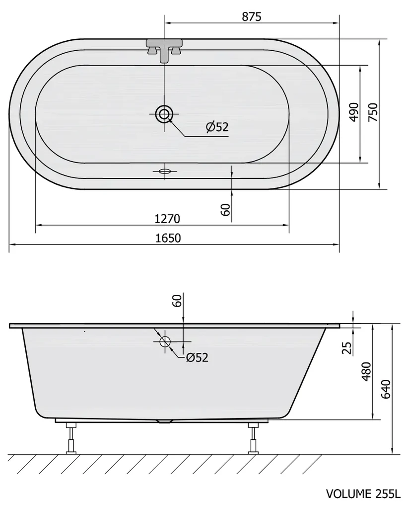 Polysan Astra Oval bad 165x75x48cm wit