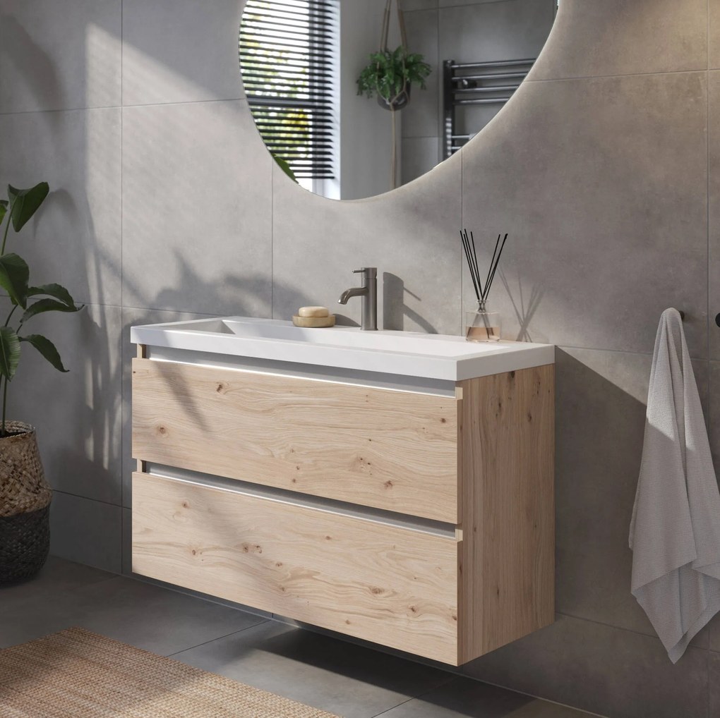 Saqu Gaia ondiep badmeubel incl. glans witte wastafel 100x40x64cm naturel eiken – aluminium greeplijst