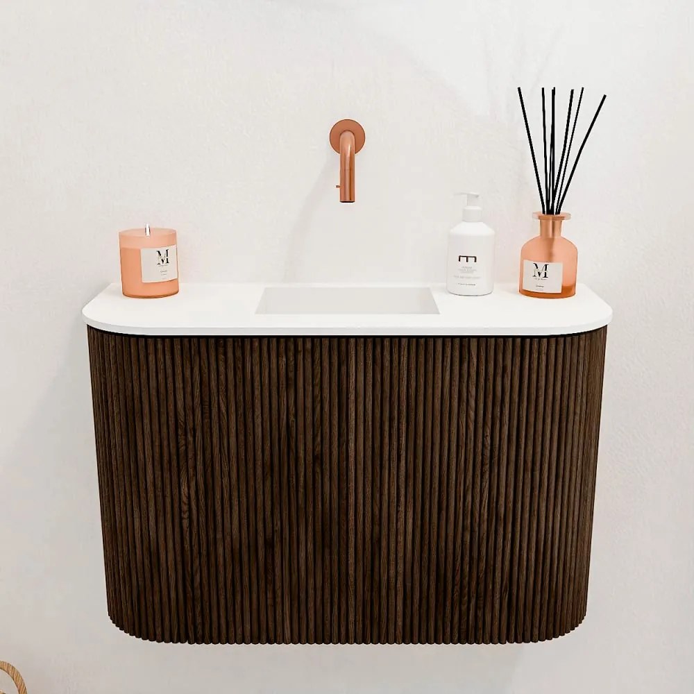 Mondiaz Joya 65cm toiletmeubel ronding links/rechts walnut met wastafel faye midden zonder kraangat talc
