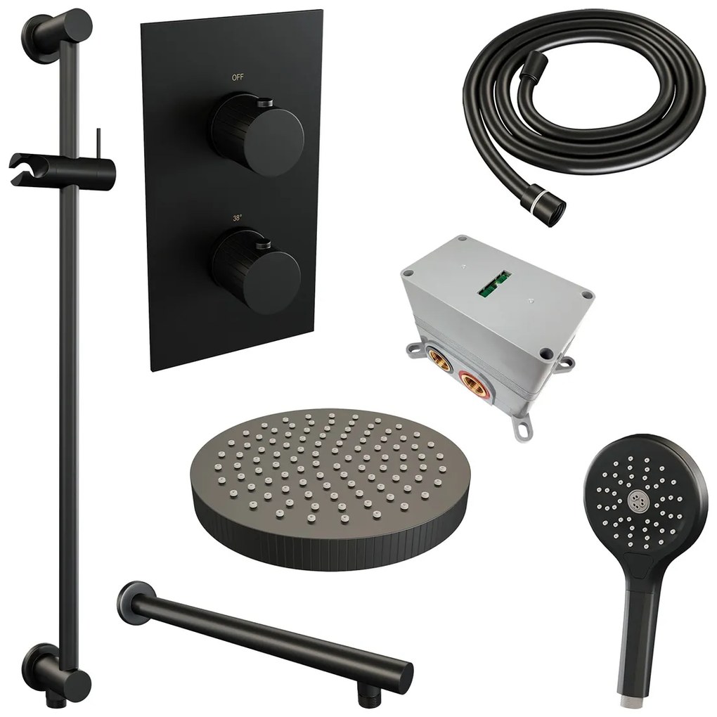 Brauer Stripe inbouw regendouche met 25cm hoofddouche, met rechte muurarm, glijstang en 3 standen handdouche set 22 zwart mat