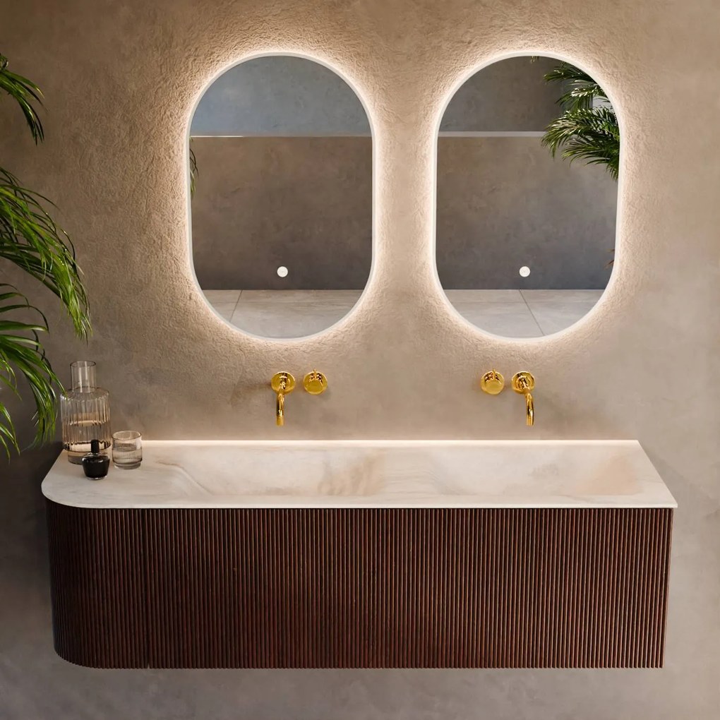 Mondiaz Kurve-dlux 145cm badmeubel ronding links ruby met 1 lade en deur en wastafel leaf dubbel/rechts zonder kraangat ostra