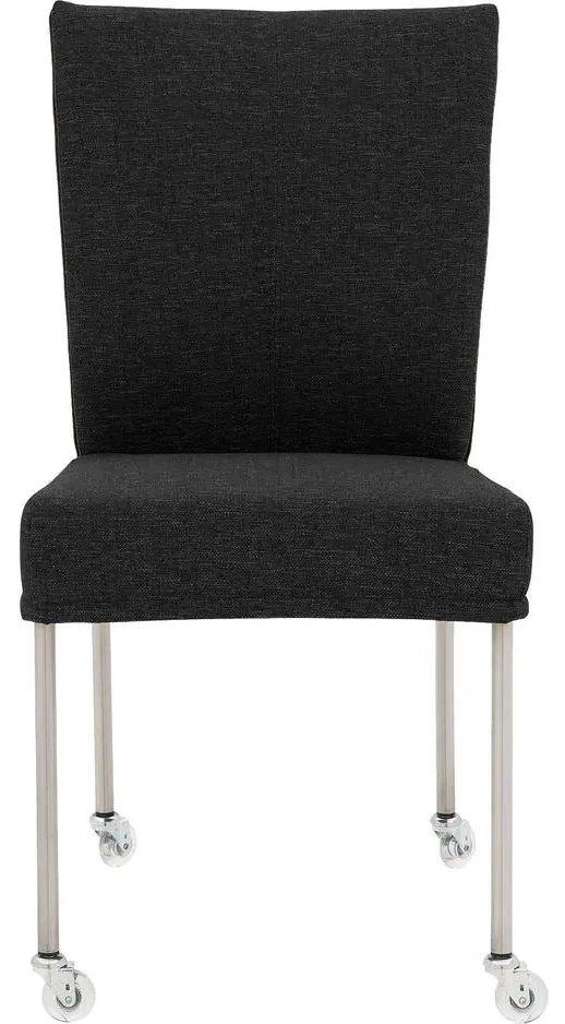 Goossens Eetkamerstoel Funk RVS Poten antraciet stof leuning en Transparant skater wiel met rvs kapmet wielen, modern design