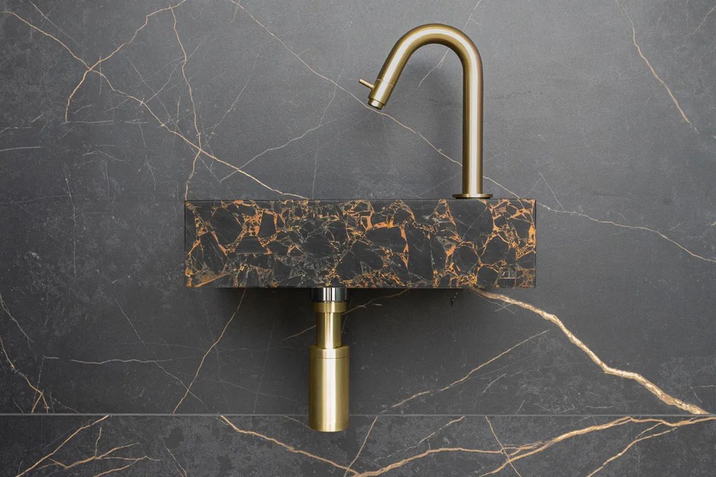 Saniclear Athens Portoro Gold fonteinset met gebogen kraan in geborsteld messing