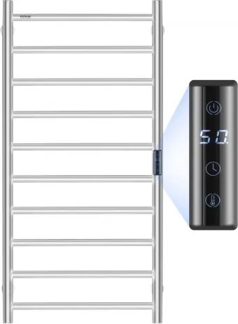 VEVOR Handdoekdroger Radiator Handdoekverwarmer, Verwarmde handdoekradiator met 10 stangen, Waterdichte handdoekverwarmer met timer en LED-display, 5 instelbare temperatuurniveaus, Wandmontage, Zilver