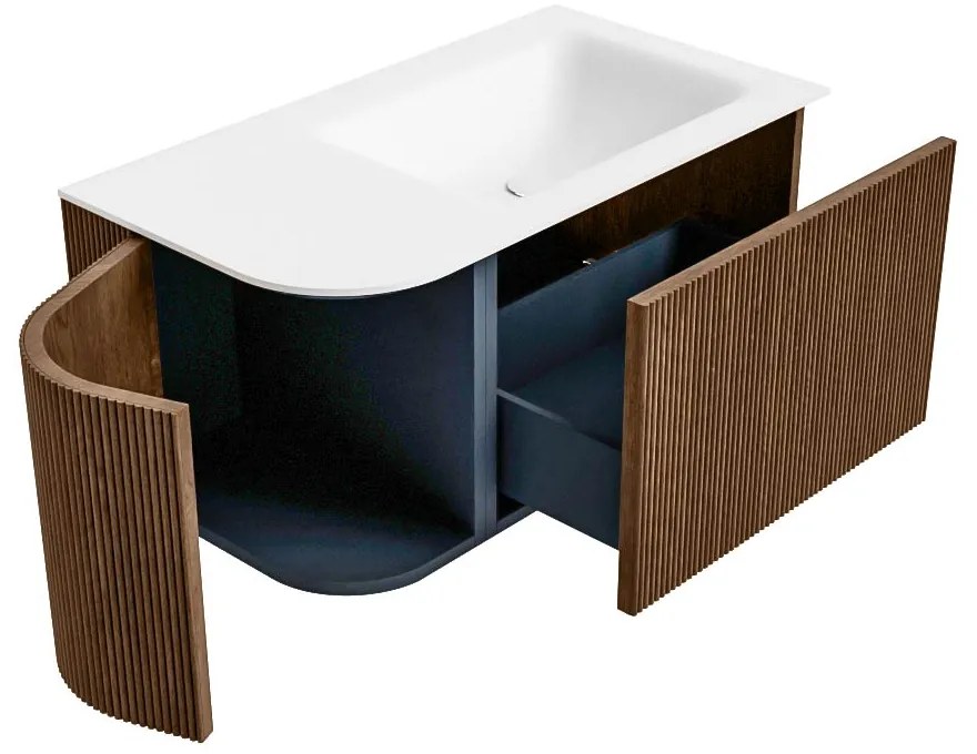 Mondiaz Kurve 85cm badmeubel ronding links walnut met 1 lade en deur en wastafel cloud rechts zonder kraangat