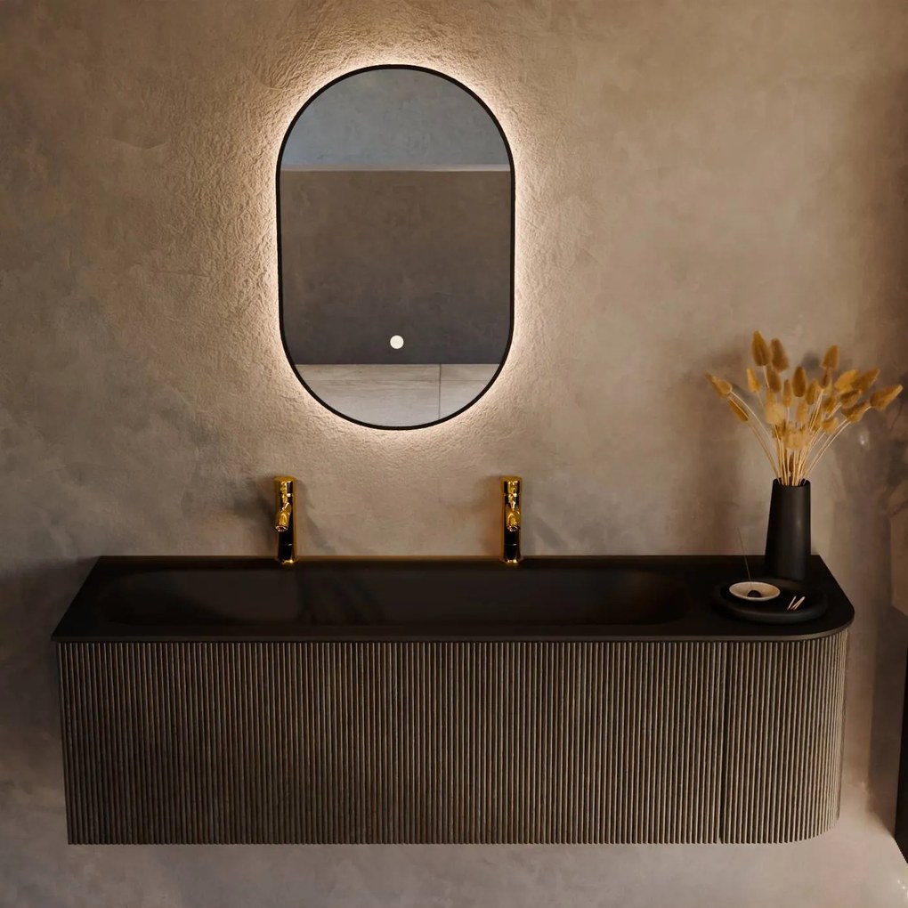 Mondiaz Kurve 145cm badmeubel ronding rechts shadow met 1 lade en deur en wastafel big large links 2 kraangaten urban