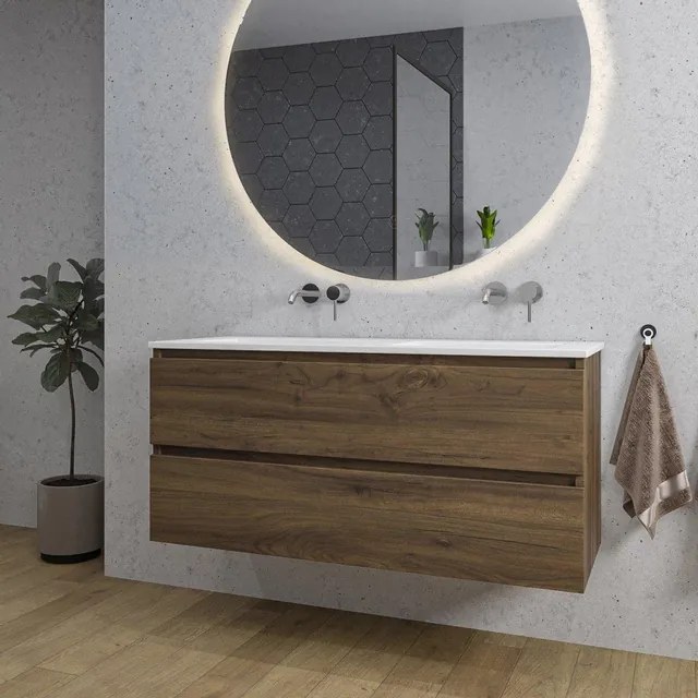 Adema Chaci Badkamermeubelset - 120x46x57cm - 2 keramische wasbakken wit - zonder kraangaten - 2 lades - ronde spiegel met verlichting - noten (hout) SW1212779/SW773928/SW161923