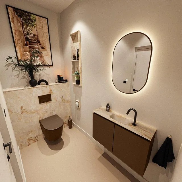 MONDIAZ TURE-DLUX 80cm toiletmeubel Rust. EDEN wastafel Frappe positie midden. Met 1 kraangat. TUREDX80RUSM1FRA