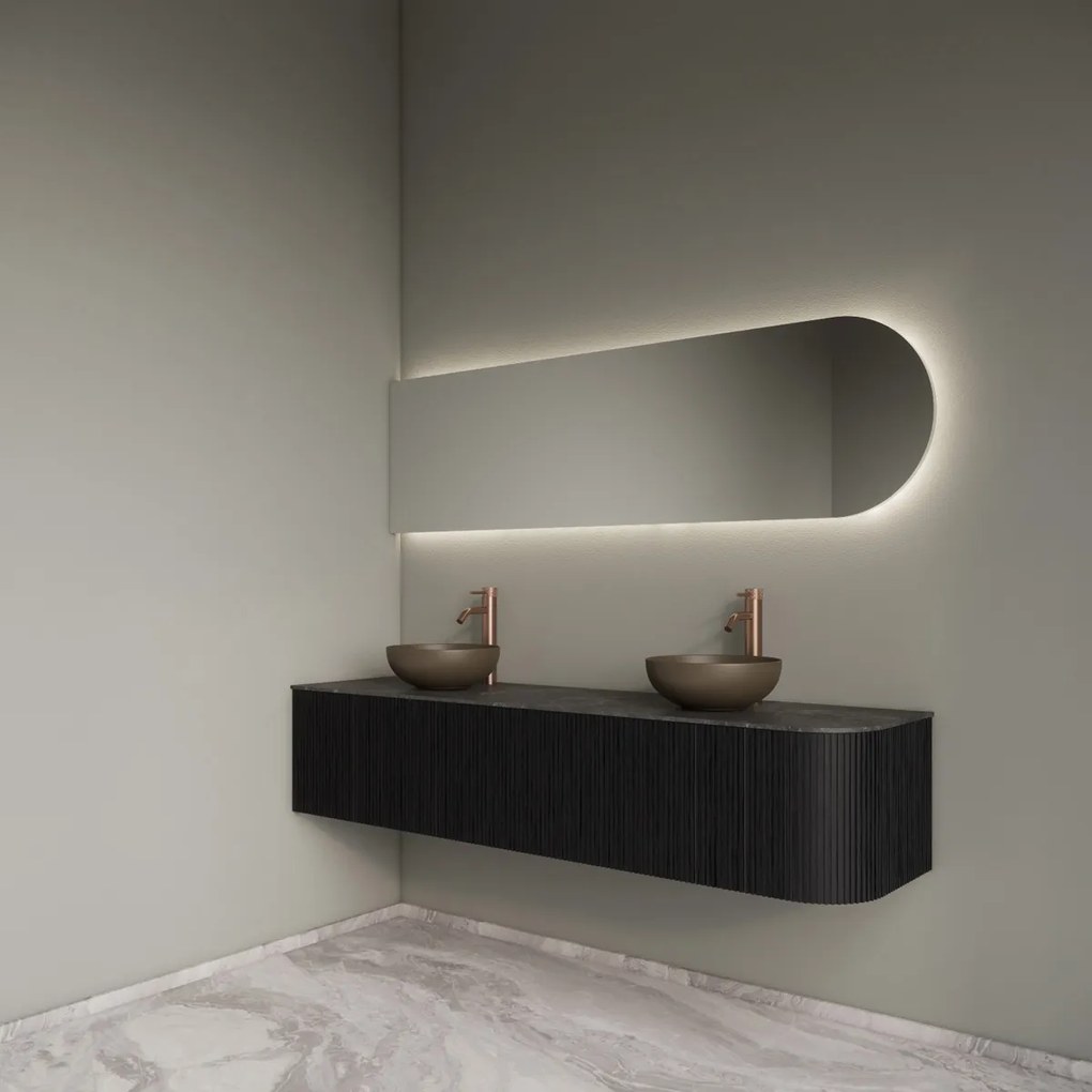 Gliss Design Alluro badmeubel ribbelfront met ronding rechts 180cm black en zwart leisteen toppaneel