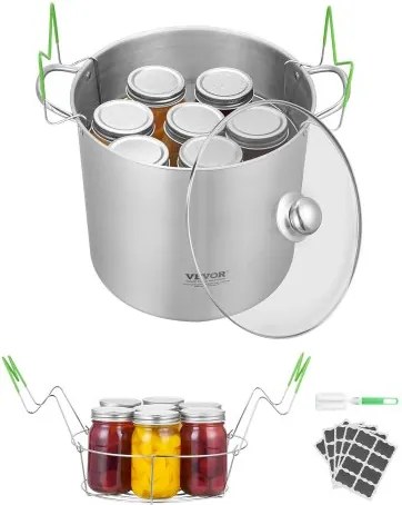 VEVOR inmaakpot (19,86 L) met rek, roestvrijstalen kookpot in een waterbad met dubbele handgreep en glazen deksel, geschikt voor alle kookplaten: inductie, gas, elektrisch, glas, keramisch, halogeen