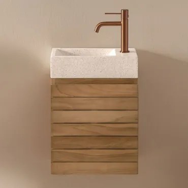 Conjunto Vaniteitmeubel Zwevend Van Teakhout Met Geïntegreerde Wasbak Van Napier-cement Teakhout & Spiegelloze & Roségoud - Sklum