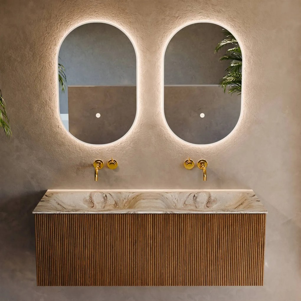 Mondiaz Kurve-dlux 120cm badmeubel dusk met 1 lade en wastafel leaf dubbel zonder kraangat glace