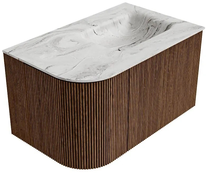 Mondiaz Kurve-dlux 75cm badmeubel ronding links walnut met 1 lade en deur en wastafel grunne rechts zonder kraangat glace