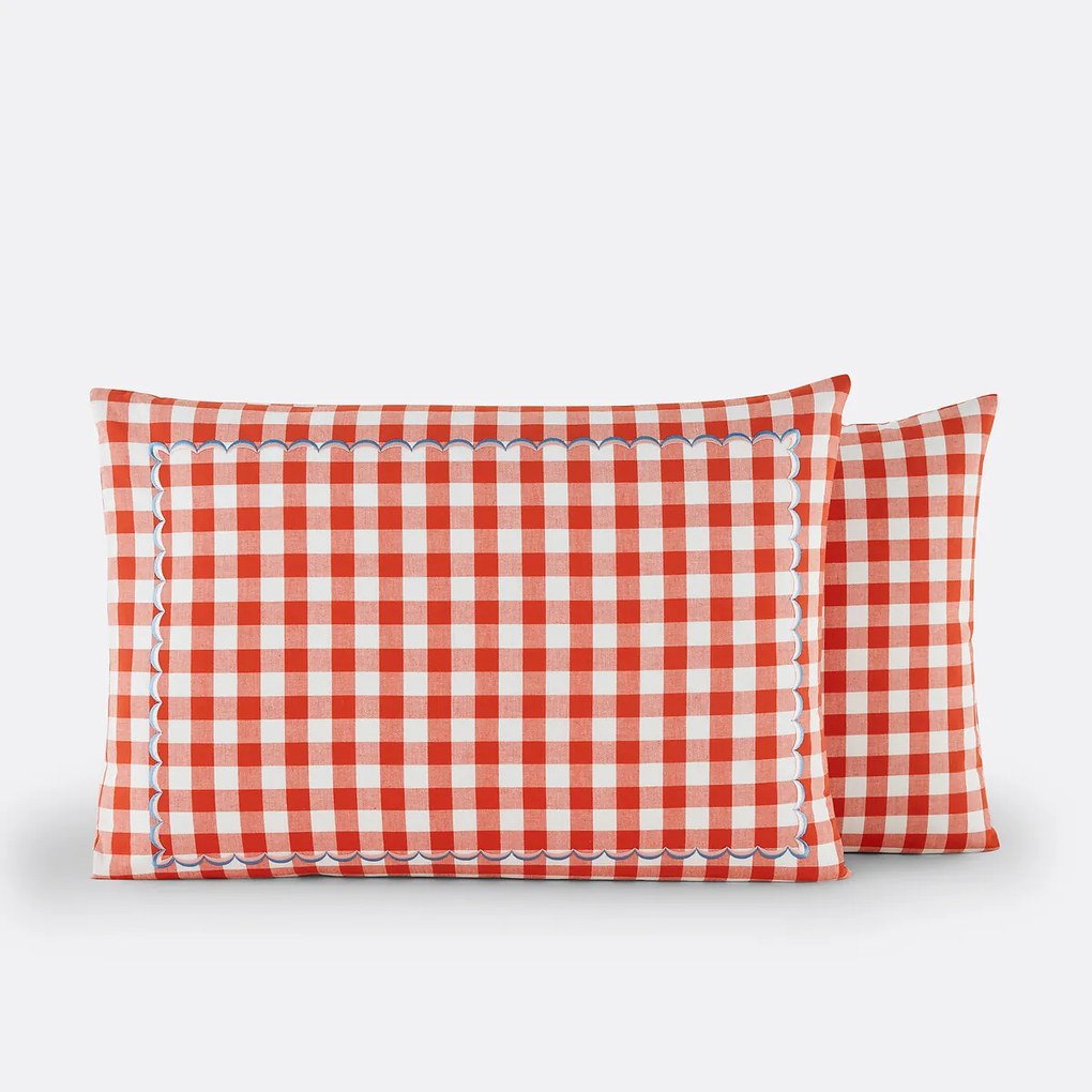 Geborduurde katoenen kussensloop met vichy-motief, Veldi oranje