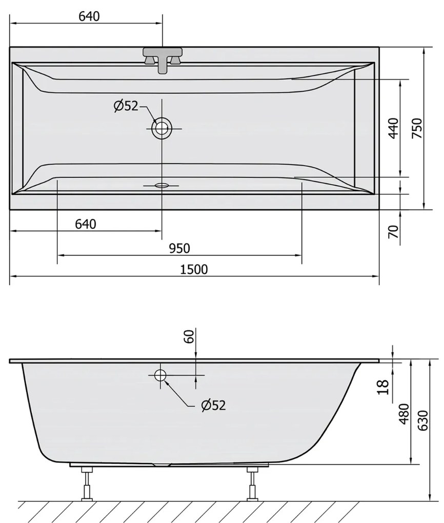 Polysan Cleo Slim ligbad 150x75x48cm wit