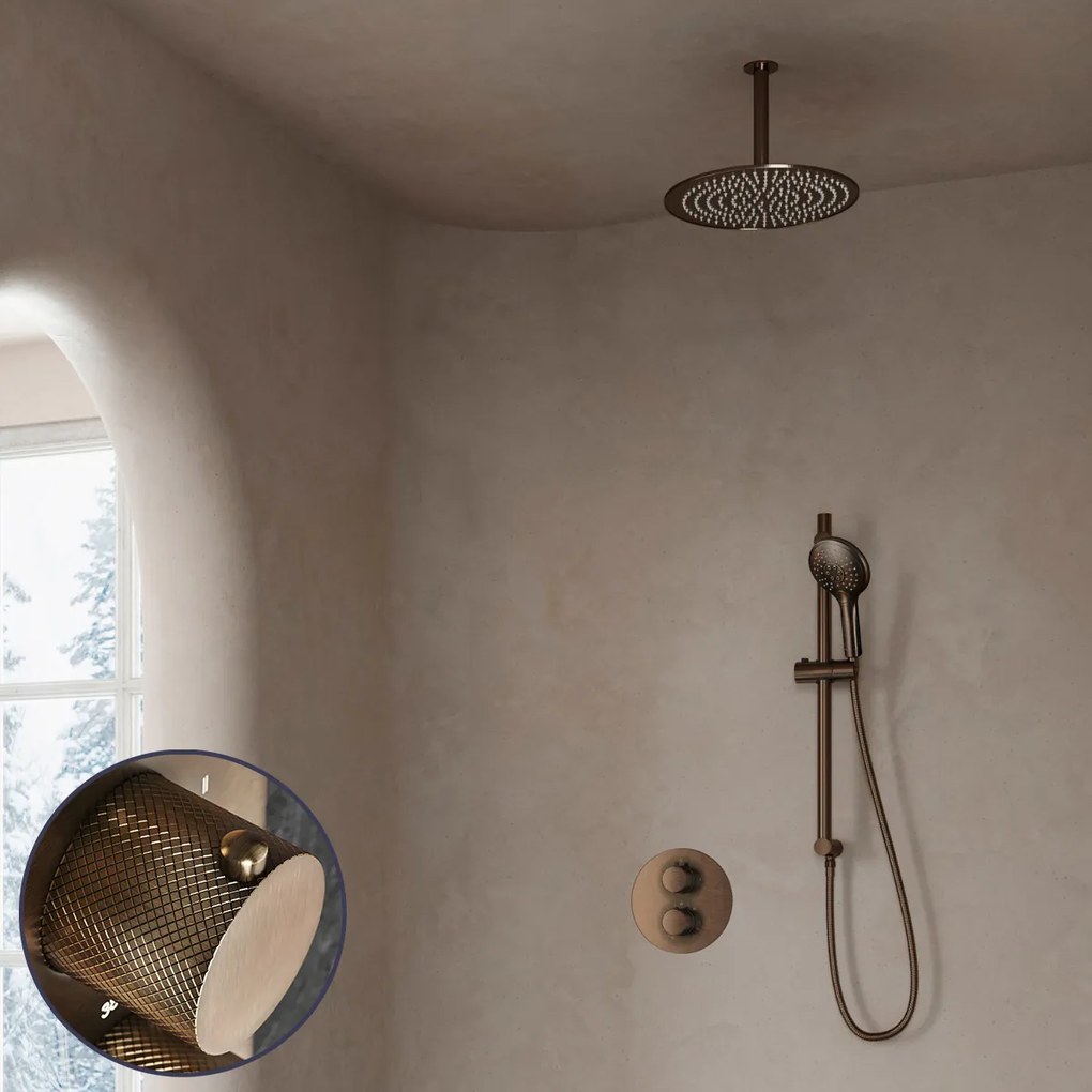 Saniclear Antique Curved inbouw regendouche rond met 20cm hoofddouche, plafondarm, 2 standen handdouche en glijstang verouderd messing