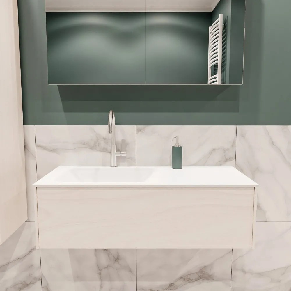 Lush onderkast 100cm in kleur UNDERLAYMENT met 1 lade Push tot open  geschikt voor linkse wastafel. Compleet met solid surface wastafel cloud M35133met 1 kraangat(en)