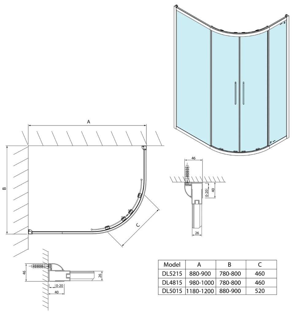 Polysan Lucis kwartronde douchecabine 120x90cm chroom