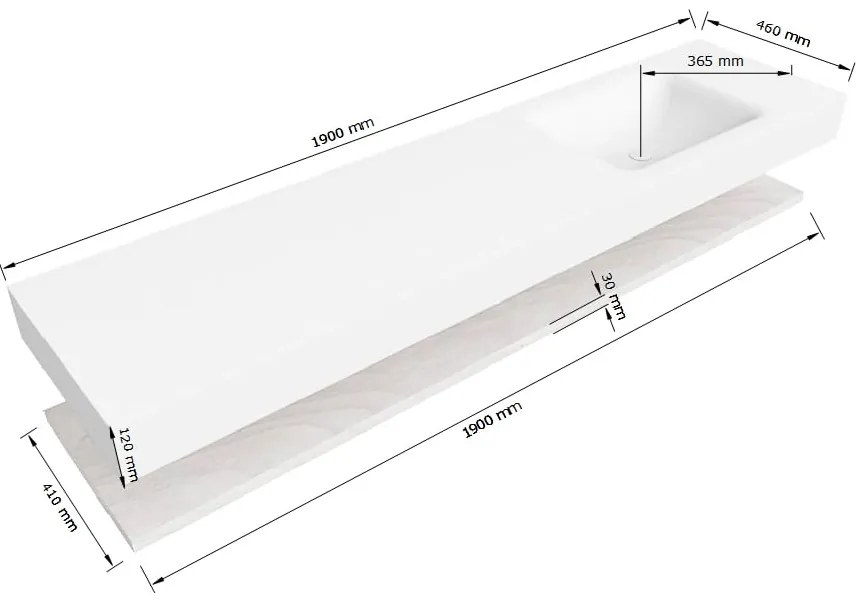 Zaro Alan badmeubel 190cm met planchet washed oak en vrijhangende wastafel cloud rechts zonder kraangat urban