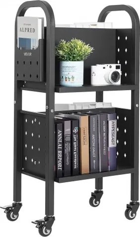 VEVOR Boekenwagen, draagvermogen 70 kg, Bibliotheekwagen, 45 x 33 x 88 cm, dubbelzijdige L-vormige boekenplank met dubbele remwielen, Boekenplankwagen voor woonkamer, kantoor, school, zwart