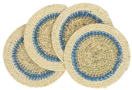 Onderzetter naturel, zeegras, blauwe rand, set van 4