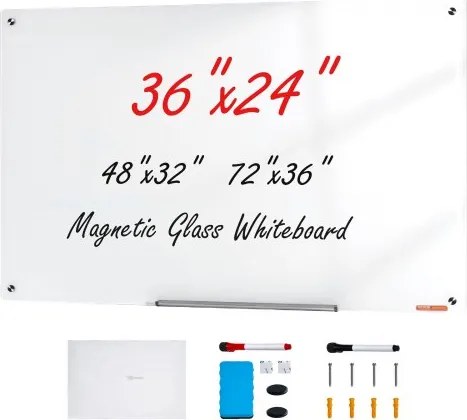 VEVOR Magnetisch Glazen Whiteboard, Whiteboard 90 x 60 cm, Wandgemonteerd Wit Glazen Bord zonder Frame, met Pennenbakje, Wisser & 2 Pennen, Magnetisch Bord Wit