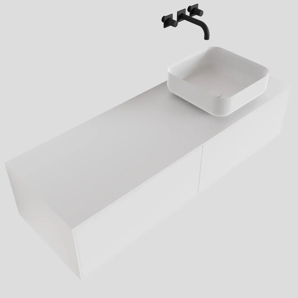 Zaro Lagom volledig naadloos solid surface onderkast met topblad 130cm mat wit met 2 lades Push tot open. Compleet met solid surface opzetkom met 0 kraangat(en)