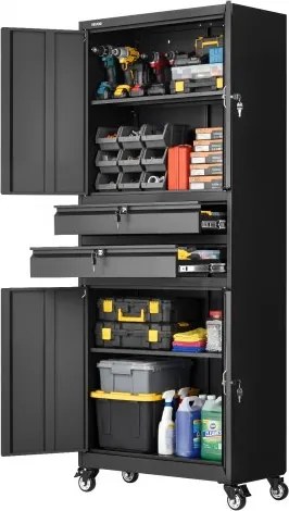 VEVOR metalen opbergkast, garagekast met 4 deuren, 2 laden, 4 wielen, 2 verstelbare planken, 1905 mm hoge kast, 81,5 kg draagvermogen, multifunctionele kast voor garage, kantoor, werkplaats, zwart