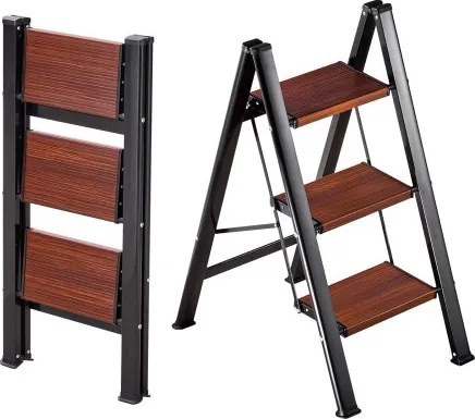 VEVOR 3-treden opvouwbare ladder met antislip treden in houtlook, huishoudladder met een draagvermogen van 150 kg, aluminium veiligheidsladder voor klussen en schoonmaakwerkzaamheden.