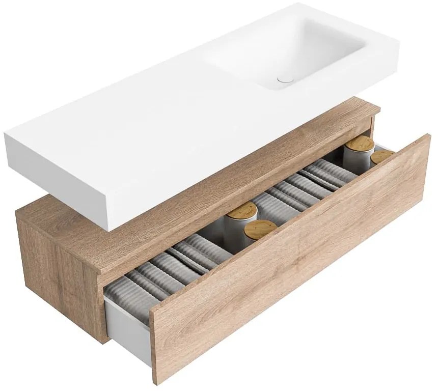 Zaro Alan badmeubel 130cm washed oak 1 lade met vrijhangende wastafel cloud rechts 1 kraangat talc